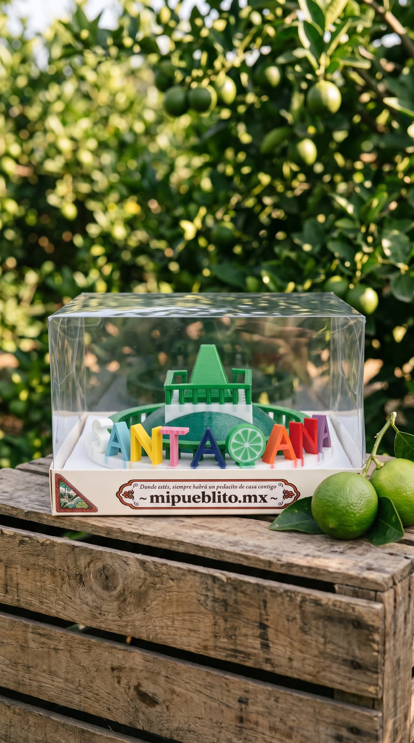 La pieza en su caja sobre una caja de madera, en un limonar